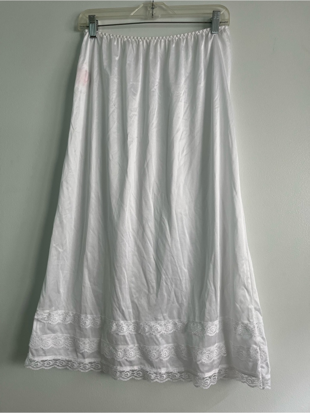 90s Vintage Cottage Core Pink Lady White Lace-Trim Maxi Slip Skirt